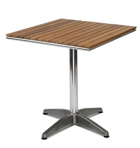 Outdoor square table complete with aluminium base and teak slatted top 700mm x 700mm