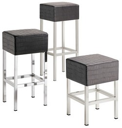 Chrome stool with cube seat upholstered in black leather with stitching 