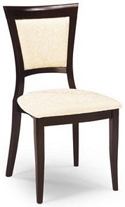 Wood stacking chair upholstered in choice of fabric and wood polish