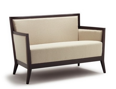 Modern lounge two seater sofa upholstered in choice of fabric and wood polish
