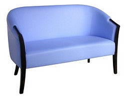 Modern lounge sofa upholstered in choice of fabric and wood polish